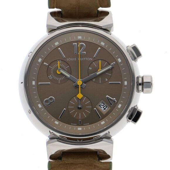 WATCH LOUIS VUITTON Q1322 Tambour Chronograph Brown SS/leather QZ - Picture 1 of 8